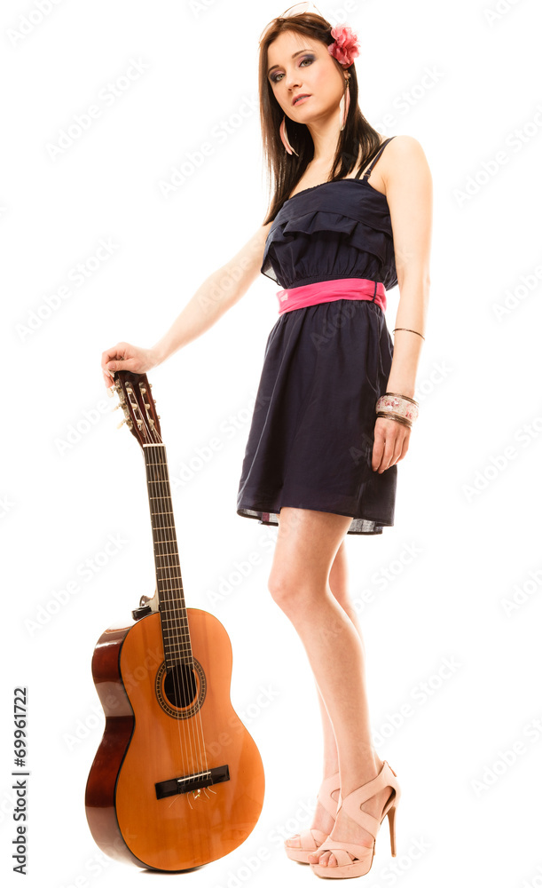 Music lover, summer girl with guitar isolated Music lover, summer girl with guitar isolated