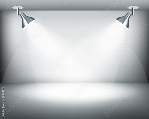 Black and white retro showroom with two lights. Vector.
