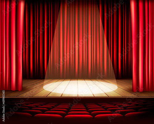 A theater stage with a red curtain, seats and a spotlight. Vecto