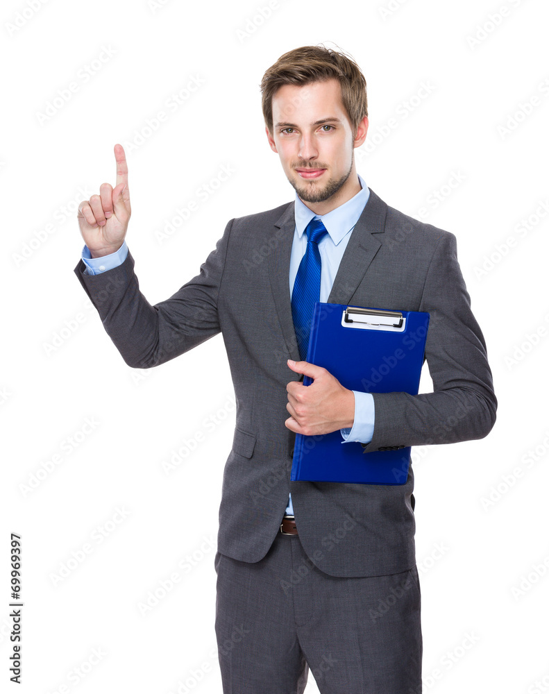 Businessman hold clipboard and finger point up Businessman hold clipboard and finger point up