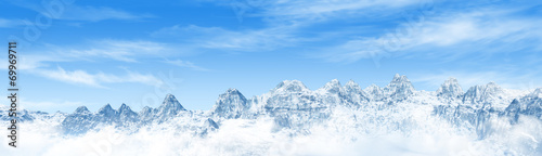 Panorama of Snow Mountain Range Landscape with Blue Sky. 3d render