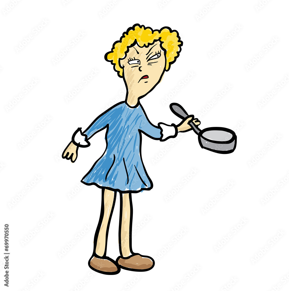 Dissatisfied woman with a frying pan, vector. Dissatisfied woman with a frying pan, vector.