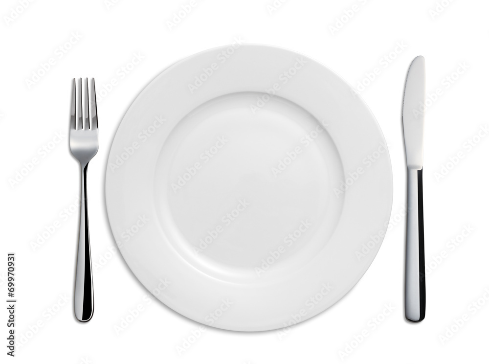Dinner Plate, Knife and Fork on white background Dinner Plate, Knife and Fork on white background