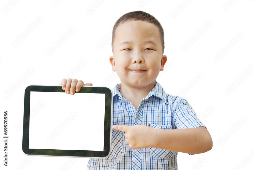 Asian boy 6 years with tablet computer, isolated on white backgr Asian boy 6 years with tablet computer, isolated on white backgr