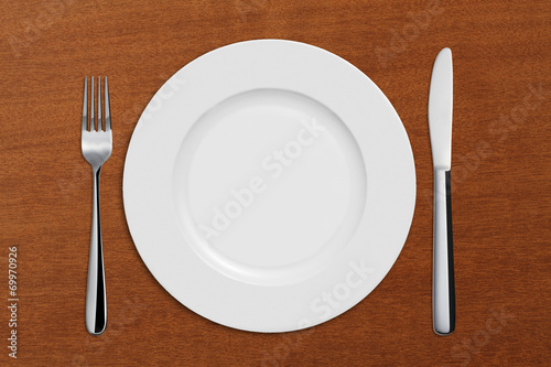 Dinner Plate, Knife,Spoon,on wooden table