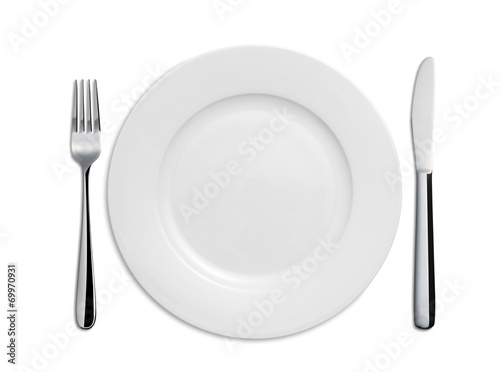 Dinner Plate, Knife and Fork on white background