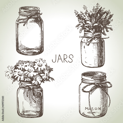 Rustic, mason and canning jars hand drawn set. Sketch design