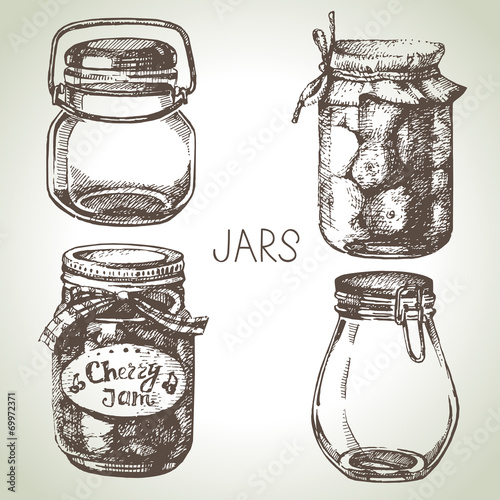 Rustic, mason and canning jars hand drawn set. Sketch design