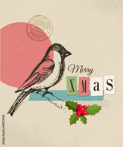 Christmas vintage greeting card, retro air mail concept
