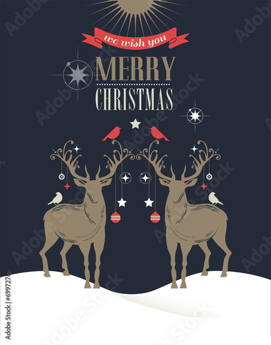 Christmas vintage greeting card, retro concept with deers