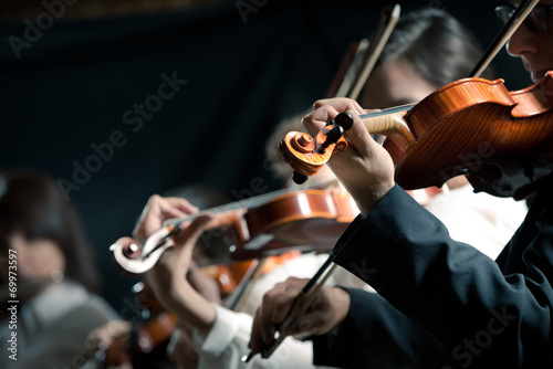 Symphony orchestra violinists performing