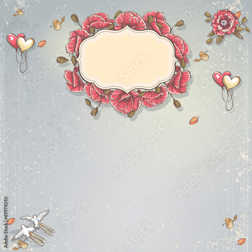 Wedding invitation card with poppies, balloons, doves
