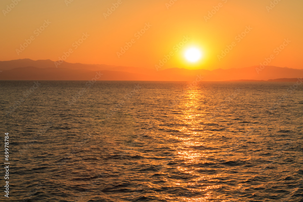 Beautiful sunrise on the beach in Corfu