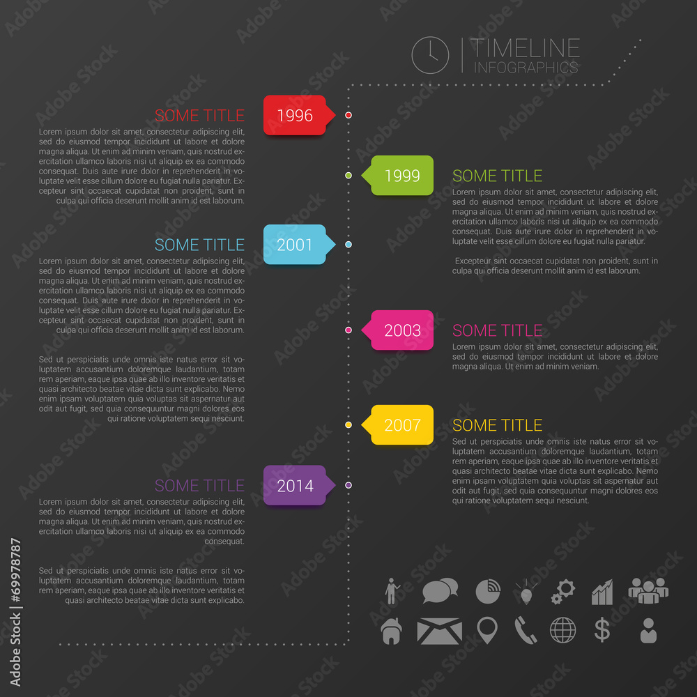 Fototapeta premium Vector timeline template with icons and black background