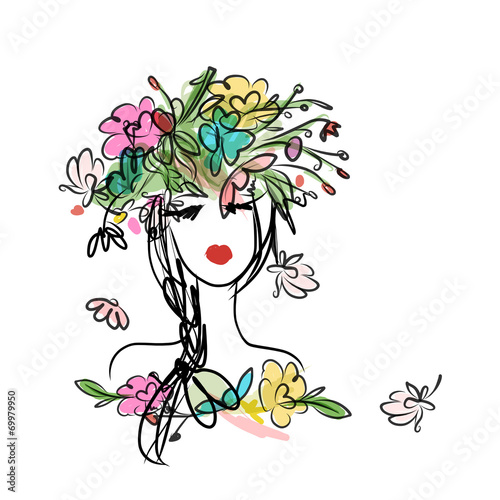 Female portrait with floral hairstyle for your design