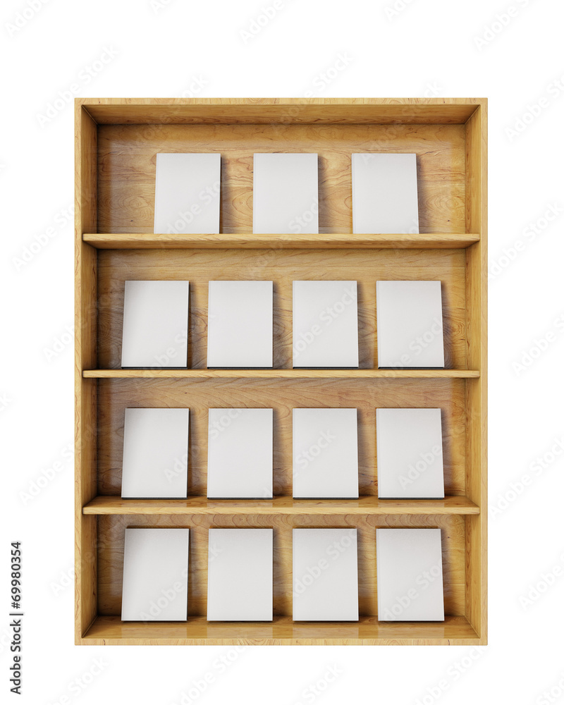 Obraz premium wooden shelves with empty books isolated on white