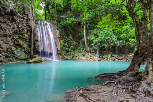 Beautiful deep forest waterfall of Erawan waterfall in Kanchabur © boonsom