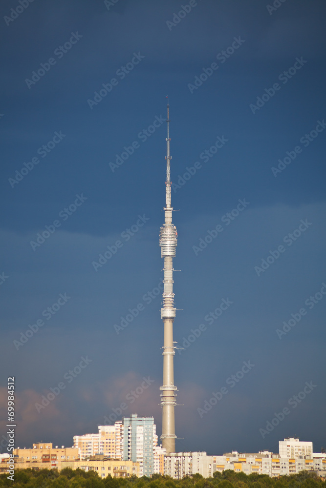 dark blue rainy sky over Ostankinskaya TV tower