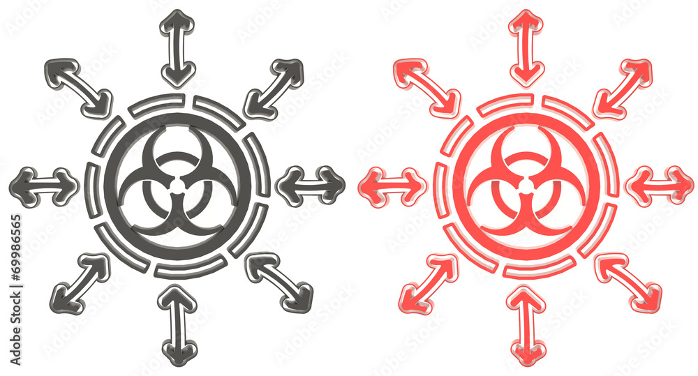 Obraz premium 3D Red and black circle biohazard radiation symbol in isolated b
