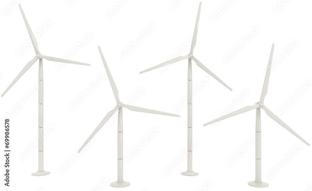 3D wind turbine for clean energy collection set in white backgro 3D wind turbine for clean energy collection set in white backgro