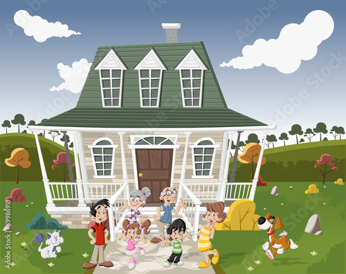 Cartoon family with pets in front of a country house
