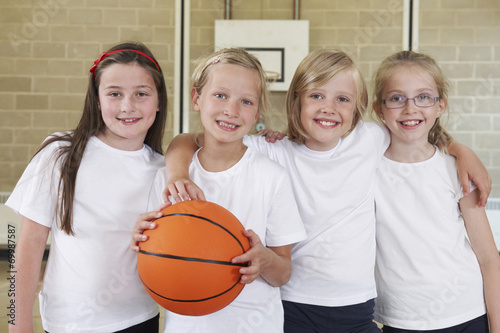 Female School Sports Team In Gym With Basketball © highwaystarz