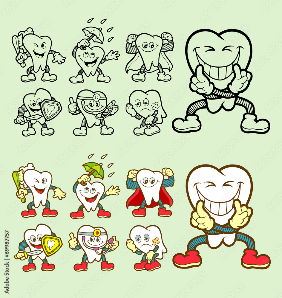 Set of tooth cartoon character icons