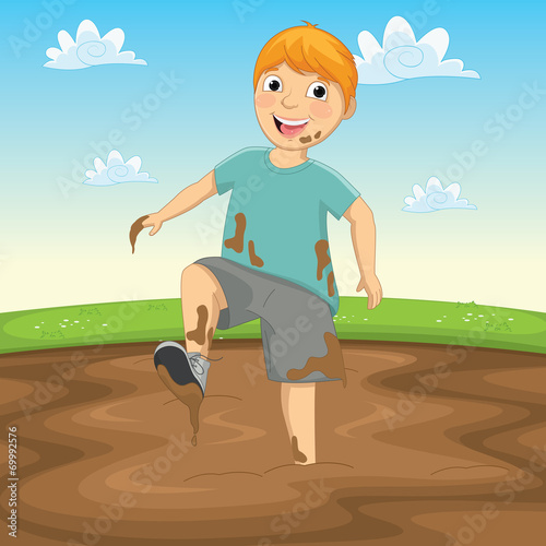 Vector Illustration Of A Kid Playing in the Mud