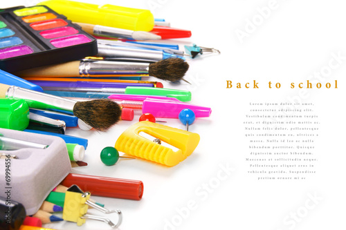 School tools and accessories on a white background.