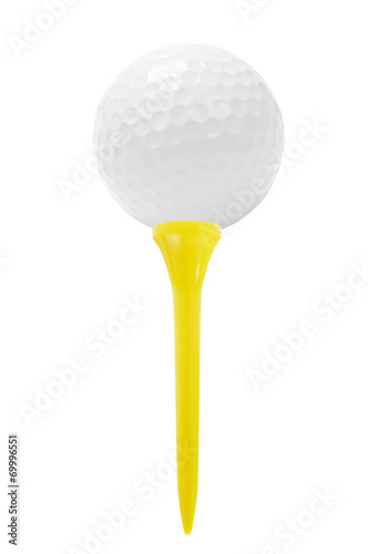 Golf ball on tee, isolated on white.