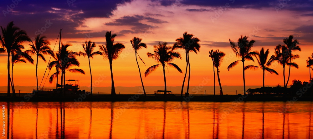 Fototapeta premium Travel banner - Beach paradise sunset palm trees