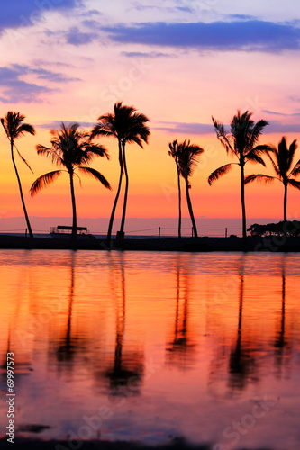 Paradise beach sunset with tropical palm trees