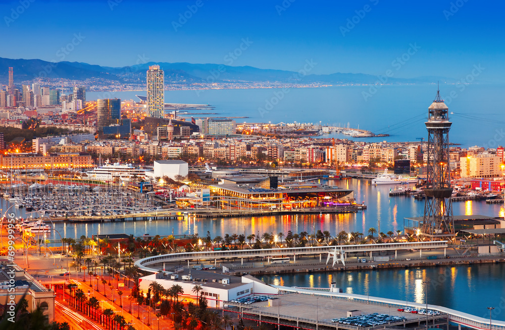 Barcelona city and Port in evening
