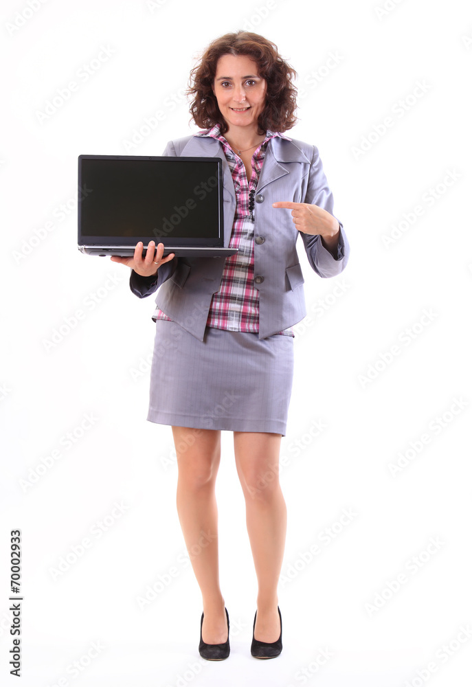 Young business woman showing display of notebook Young business woman showing display of notebook