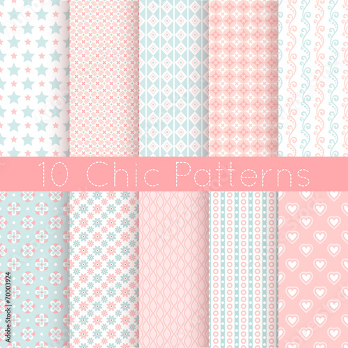 Chic different vector seamless patterns. Pink, white and blue