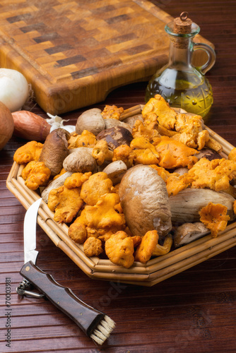 Funghi porcini e finferli in un cestino su un tavolo photo