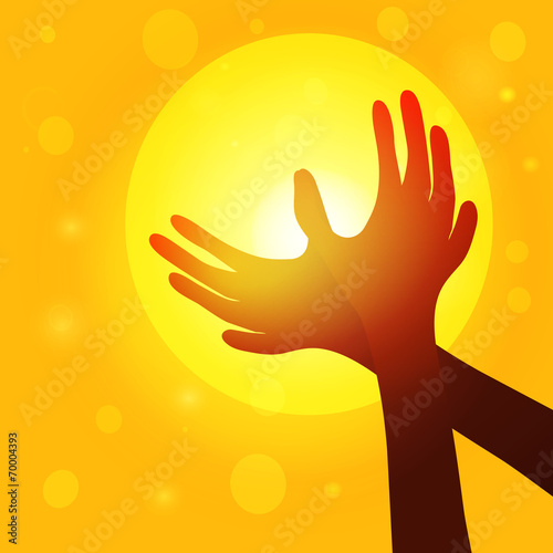 Silhouette hands  in shape of dove on background of sunset, worl