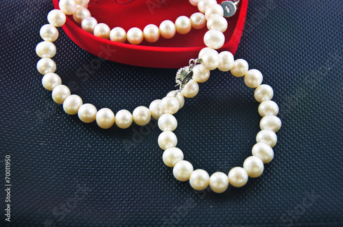 Pearl necklace against a black background
