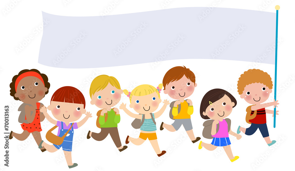 Group of children running and holding a banner Group of children running and holding a banner