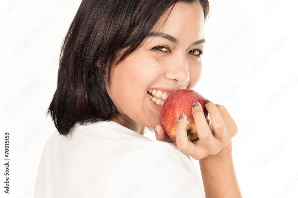Smiling woman with apple isolated on white Smiling woman with apple isolated on white