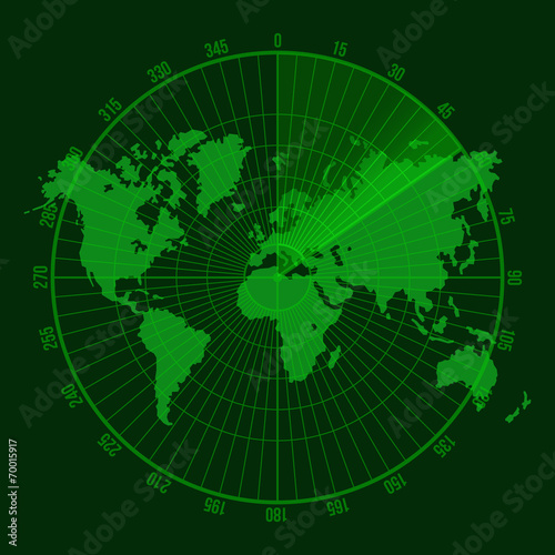 Green Radar Screen with Map. Vector