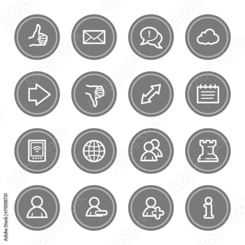 Social media web icons, grey circle buttons