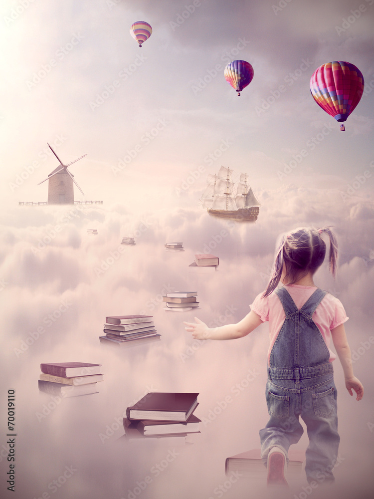 Search for knowledge. Girl walking down book pass above clouds