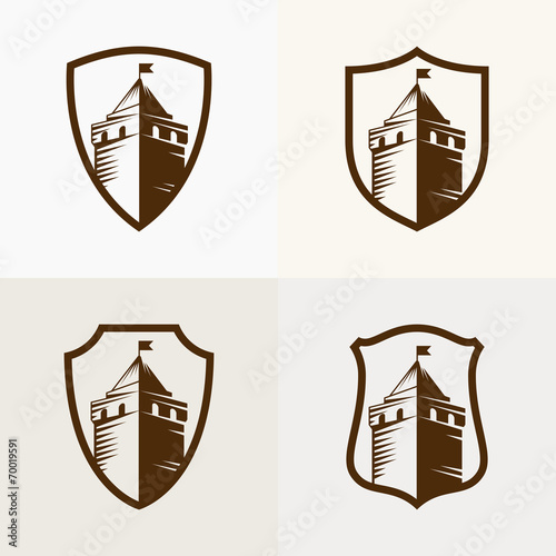 Valokuvatapetti castle fortress on shield, vector icon illustration