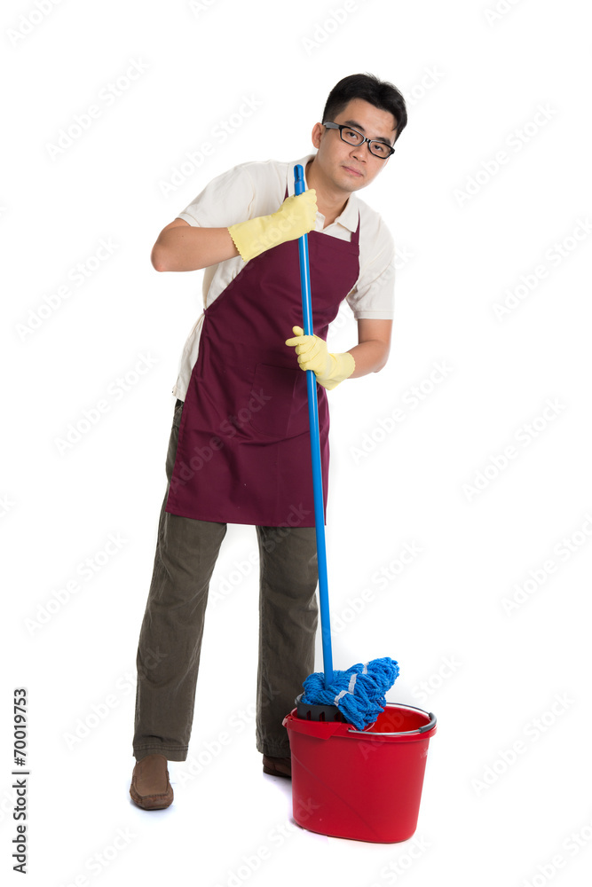 chinese male janitor or house husband cleaning isolated on white