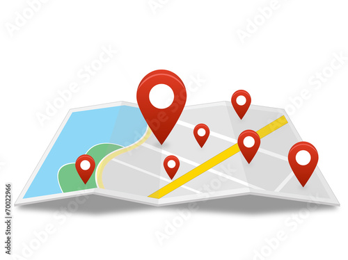 Map with many pin on isolated background