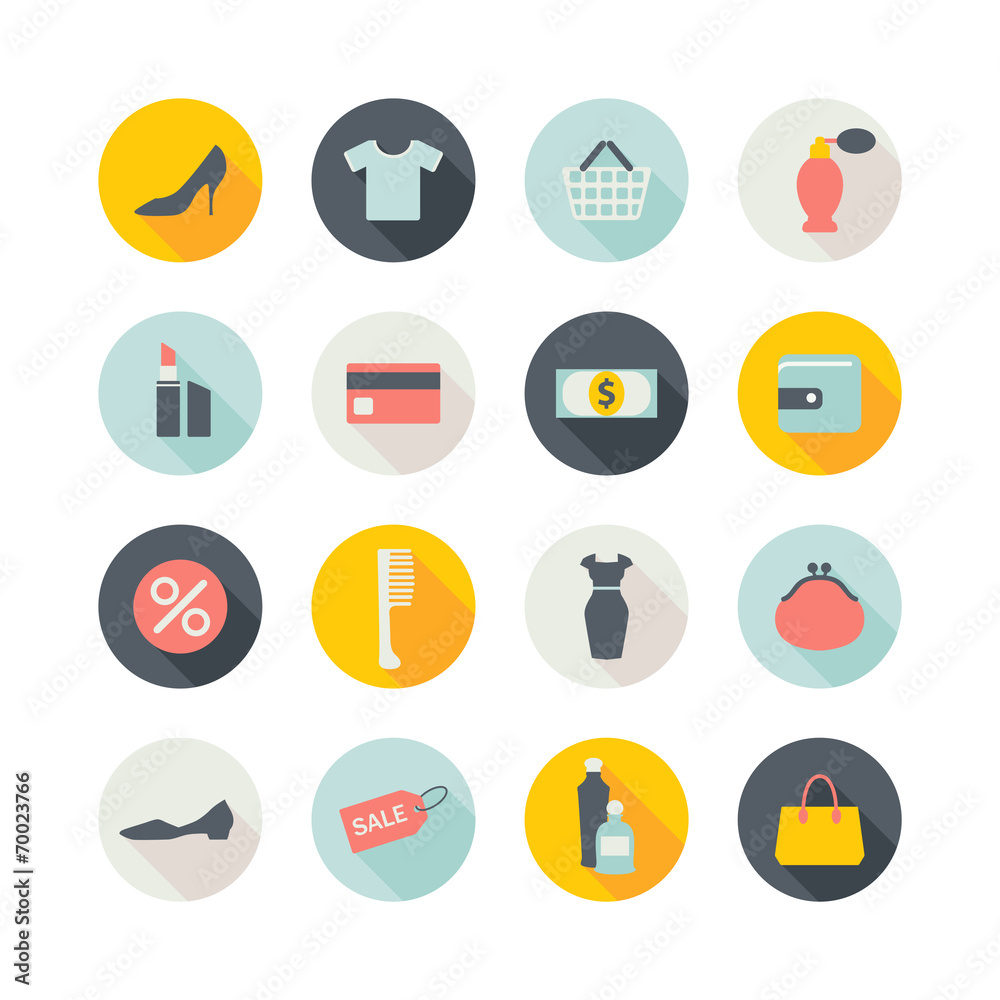 set of round shopping icons with shadows
