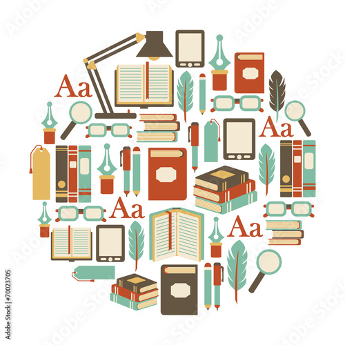 round design element with books icons