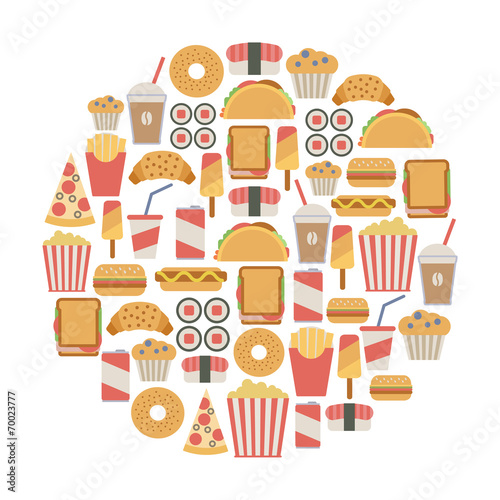 round design element with fast food icons