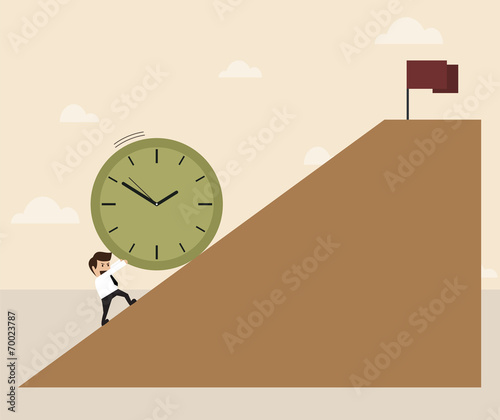 businessman is pushing big clock up hill